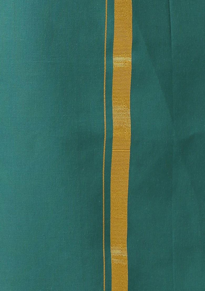 Green Cotton Green Solid Devotional Gold Jari Border Single Layer Dhoti For Men