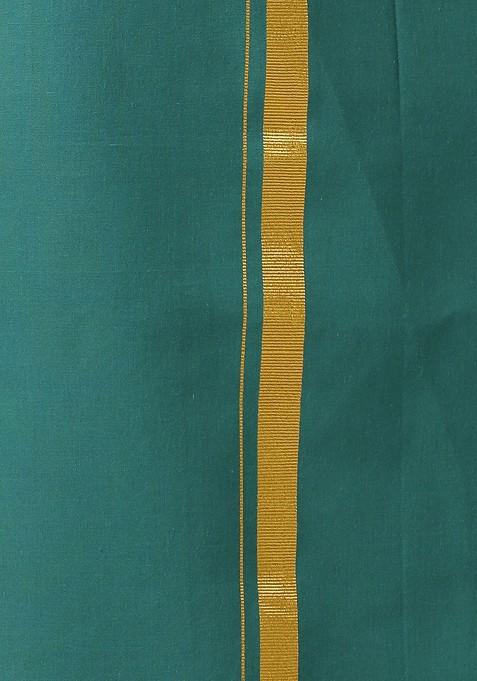 Green Cotton Green Solid Devotional Gold Jari Border Single Layer Dhoti For Men