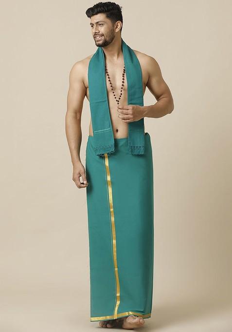 Green Cotton Green Solid Devotional Gold Jari Border Single Layer Dhoti For Men