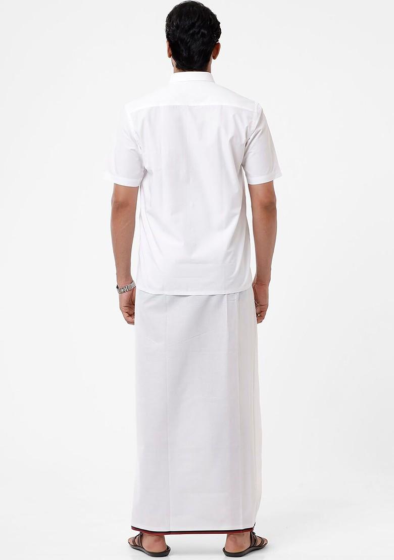 White Cotton White Solid Dmk Party Political Single Layer Dhoti For Men - Indya