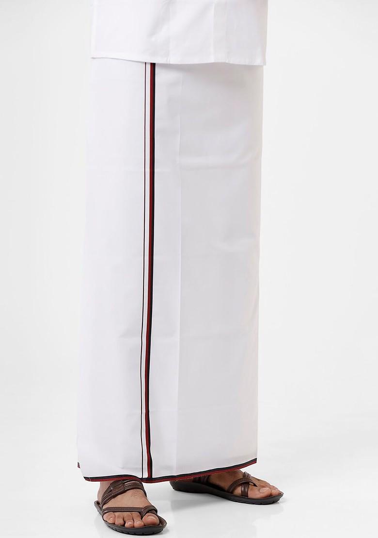 White Cotton White Solid Dmk Party Political Single Layer Dhoti For Men - Indya
