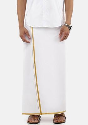 White Cotton Solid Gold Zari Border Single Layer Dhoti For Men