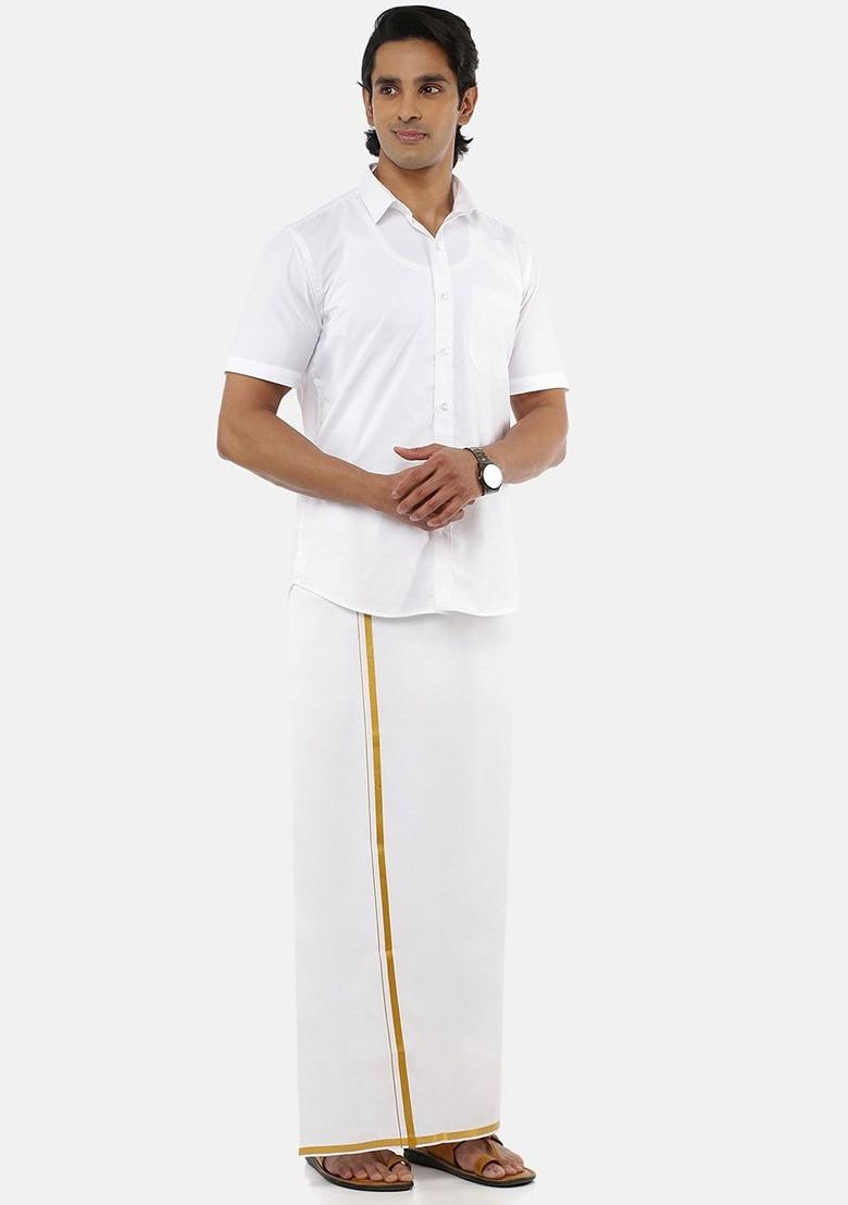 White Cotton Solid Gold Zari Border Single Layer Dhoti For Men