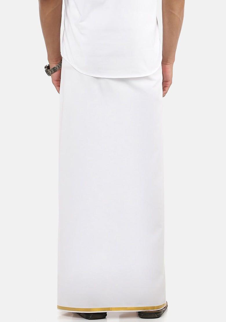 White Cotton Solid Gold Zari Border Single Layer Dhoti For Men - Indya