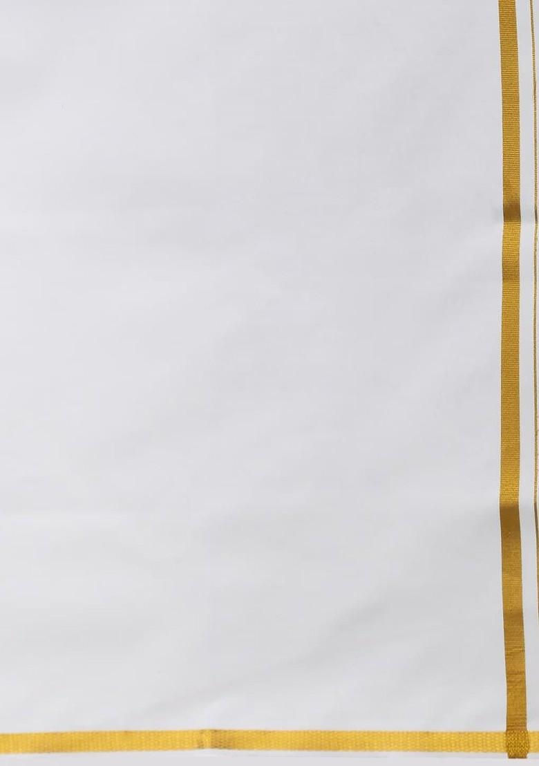 White Cotton Solid Gold Zari Border Single Layer Dhoti For Men