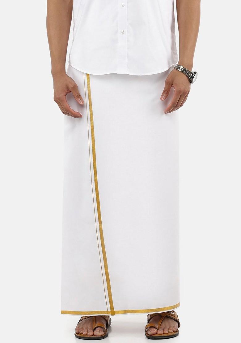 White Cotton Solid Gold Zari Border Single Layer Dhoti For Men