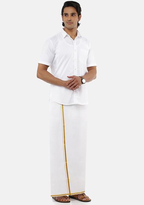 White Cotton Solid Gold Zari Border Single Layer Dhoti For Men