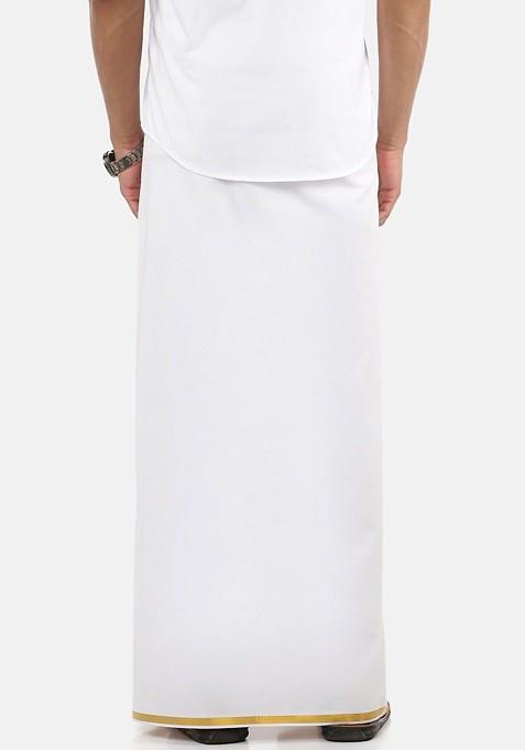 White Cotton Solid Gold Zari Border Single Layer Dhoti For Men