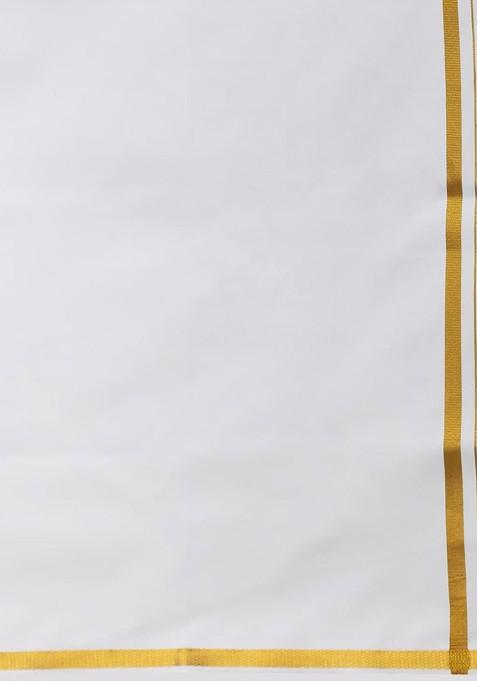White Cotton Solid Gold Zari Border Single Layer Dhoti For Men