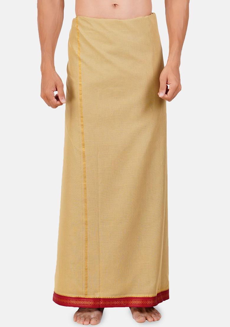 Khaki Solid Mayilkhan Border Double Layer Cotton Dhoti For Men