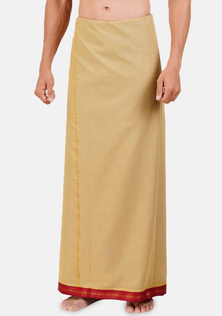 Khaki Solid Mayilkhan Border Double Layer Cotton Dhoti For Men
