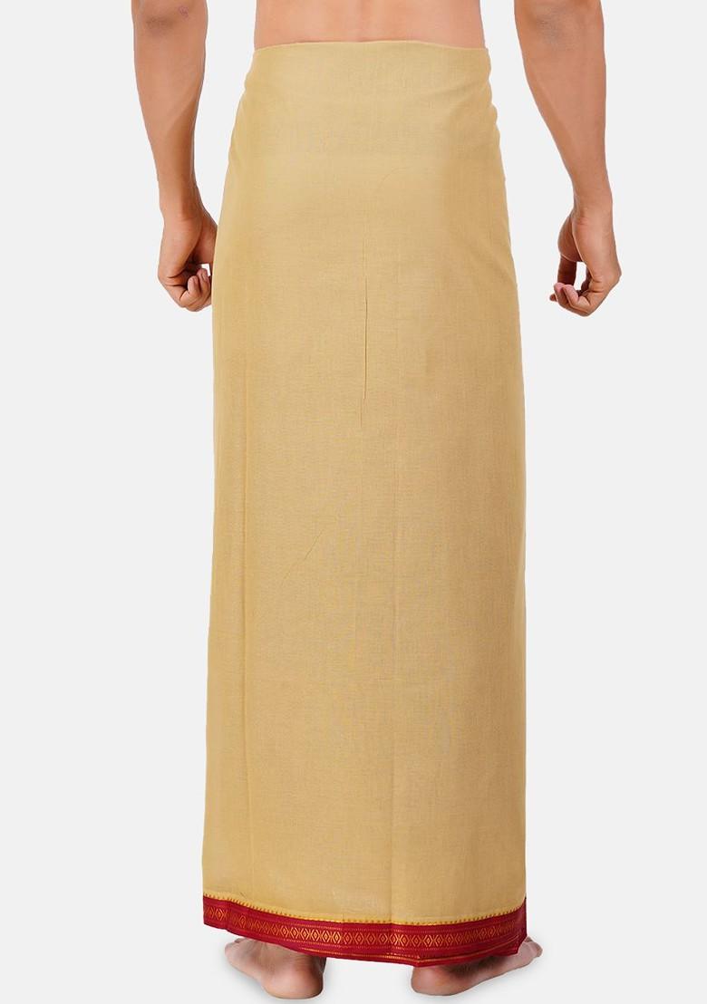Khaki Solid Mayilkhan Border Double Layer Cotton Dhoti For Men