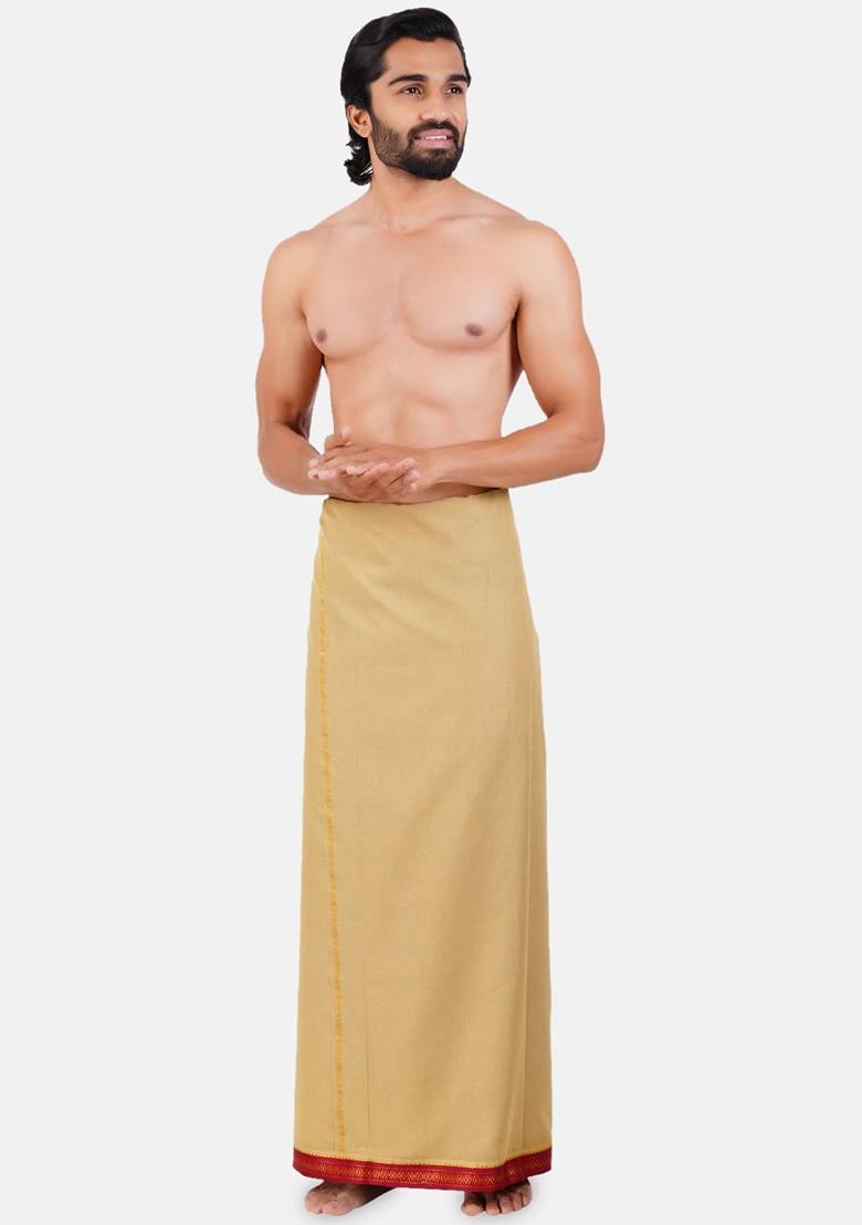 Khaki Solid Mayilkhan Border Double Layer Cotton Dhoti For Men