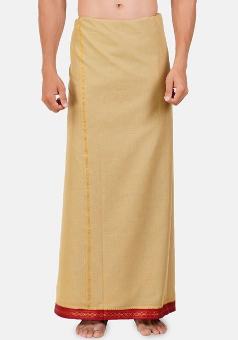 Khaki Solid Mayilkhan Border Double Layer Cotton Dhoti For Men