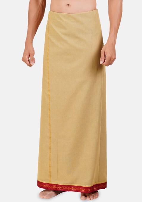 Khaki Solid Mayilkhan Border Double Layer Cotton Dhoti For Men
