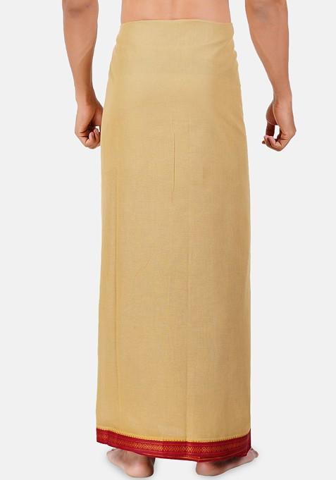 Khaki Solid Mayilkhan Border Double Layer Cotton Dhoti For Men