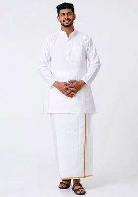 White Cotton Full Sleeves White Medium Kurta With Jari Border Dhoti Set For Men