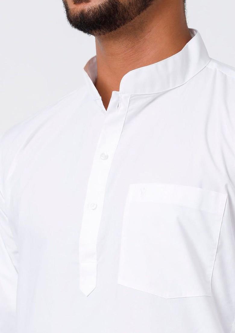 White Cotton Full Sleeves White Medium Kurta With Jari Border Dhoti Set For Men