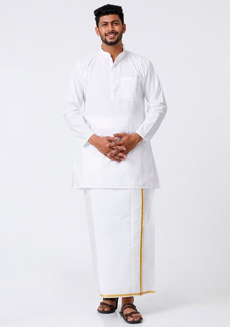 White Cotton Full Sleeves White Medium Kurta With Jari Border Dhoti Set For Men