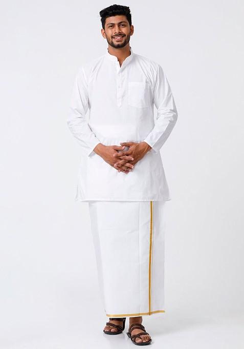 White Cotton Full Sleeves White Medium Kurta With Jari Border Dhoti Set For Men