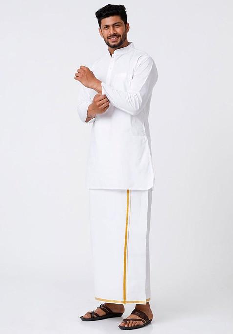 White Cotton Full Sleeves White Medium Kurta With Jari Border Dhoti Set For Men