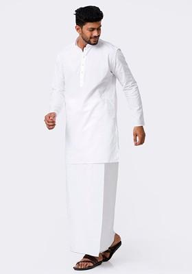 White Cotton Full Sleeve Kurta With Dhoti For Men