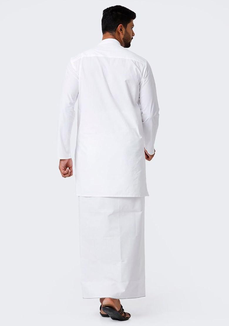 White Cotton Full Sleeve Kurta With Dhoti For Men - Indya