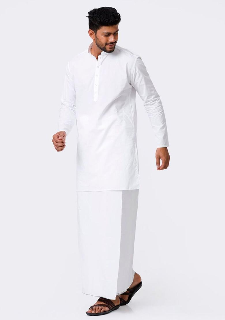 White Cotton Full Sleeve Kurta With Dhoti For Men