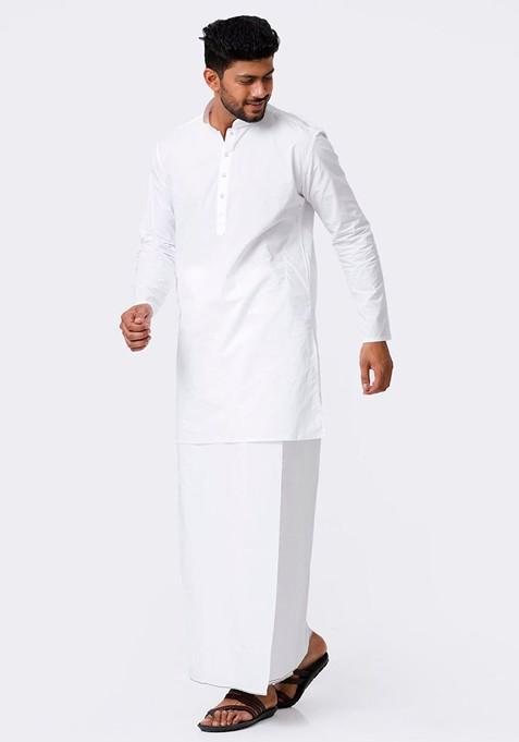 White Cotton Full Sleeve Kurta With Dhoti For Men