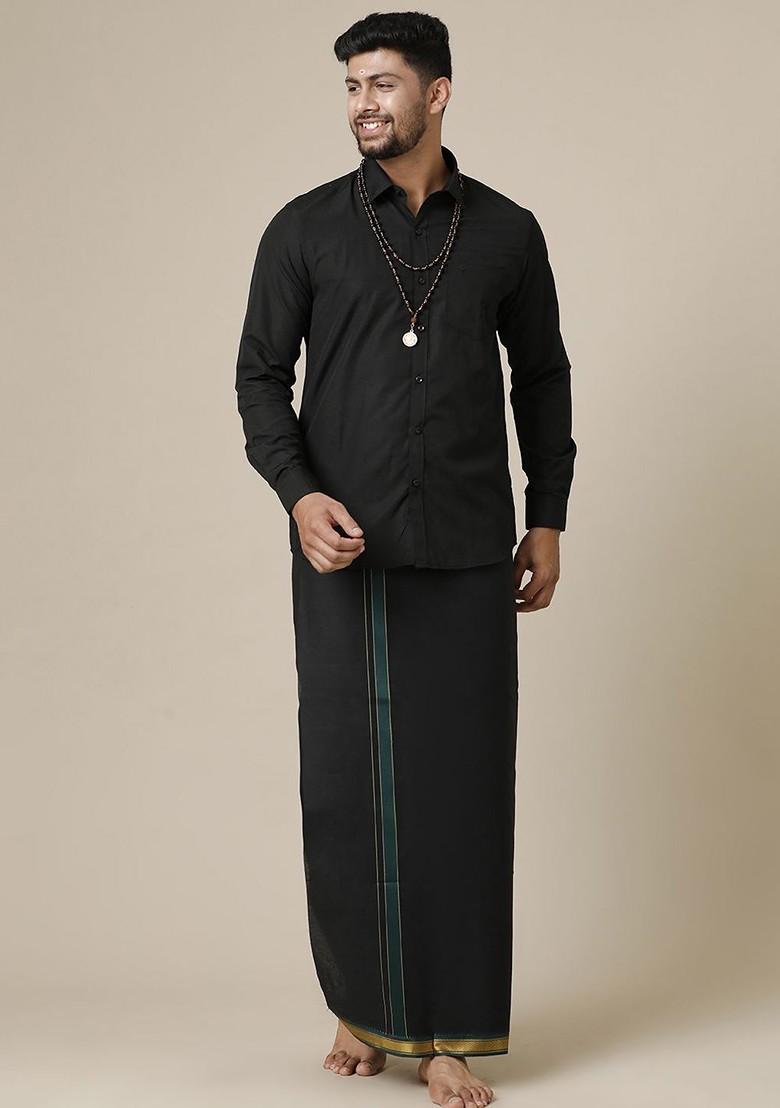 Black Solid Full Sleeve Shirt With Dhoti For Men - Indya