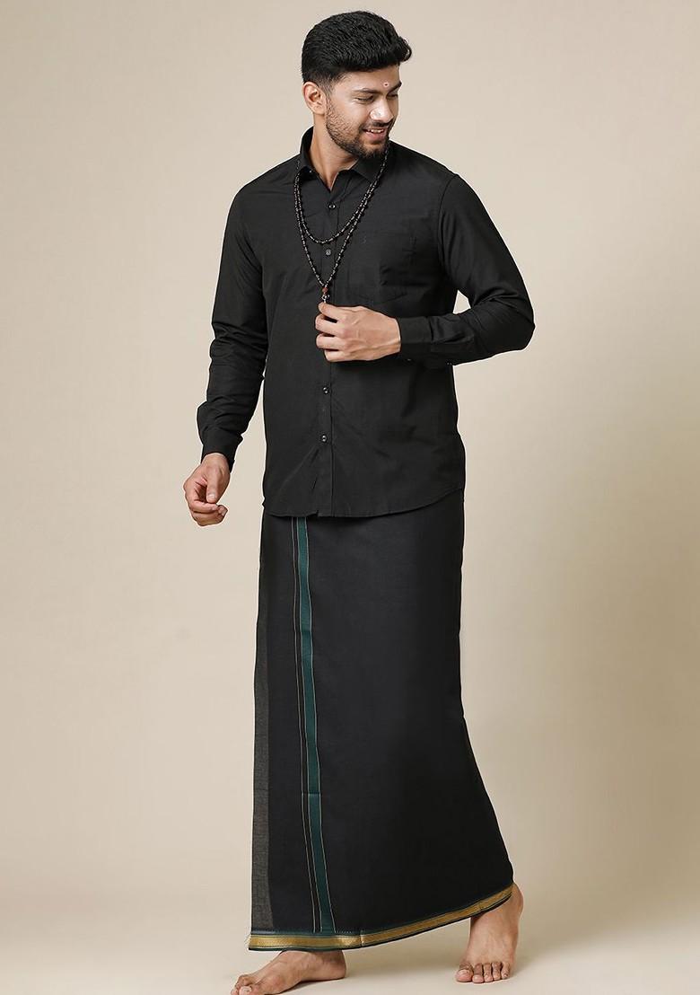 Black Solid Full Sleeve Shirt With Dhoti For Men - Indya