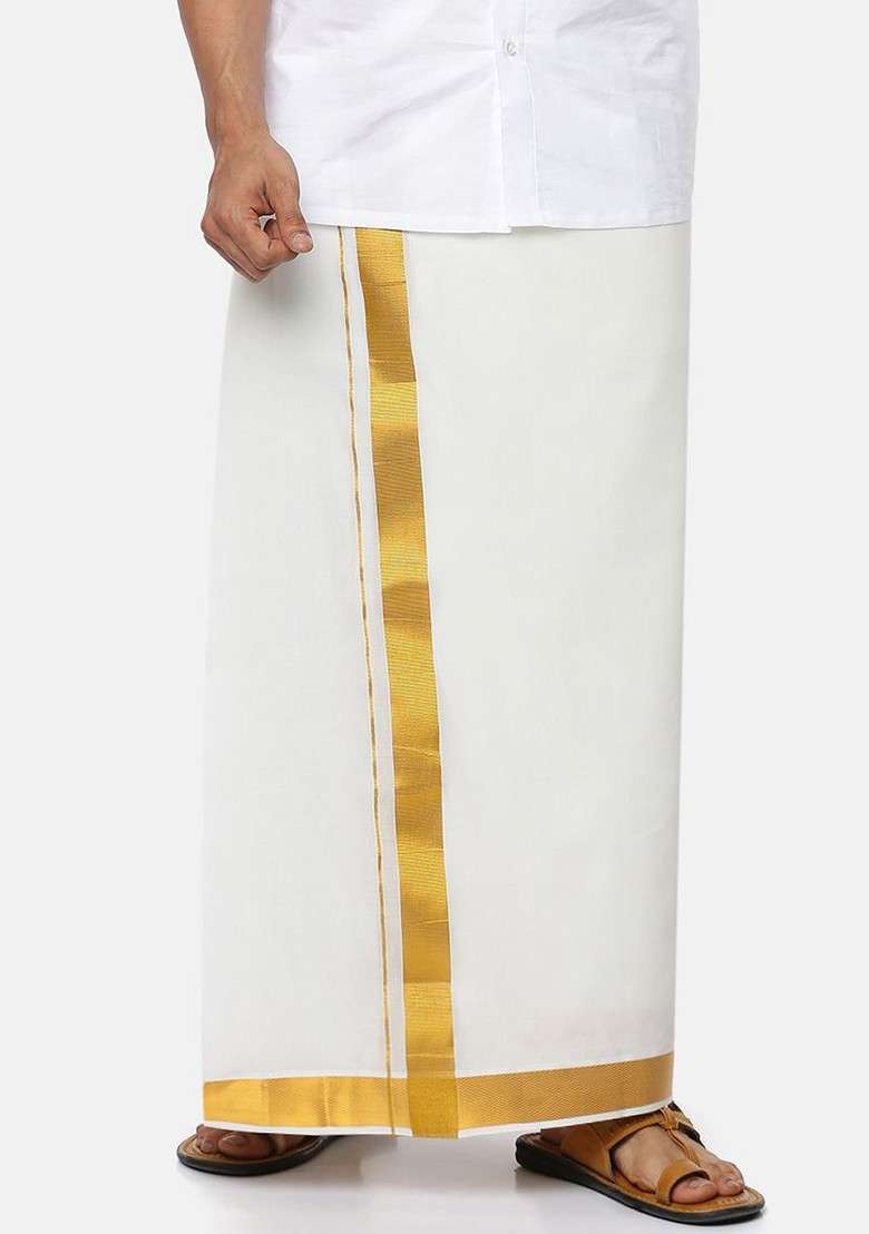 Cream Cotton Cream Solid Gold Jari Border Double Layer Dhoti For Men - Indya