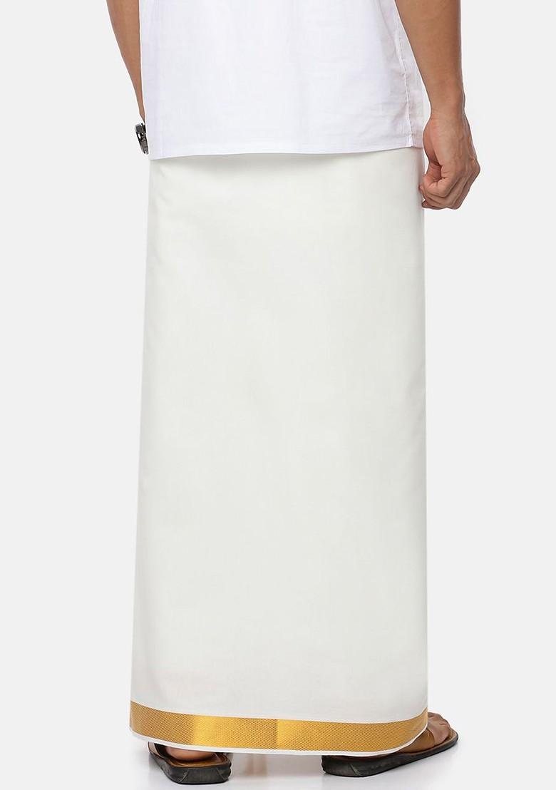 Cream Cotton Cream Solid Gold Jari Border Double Layer Dhoti For Men - Indya