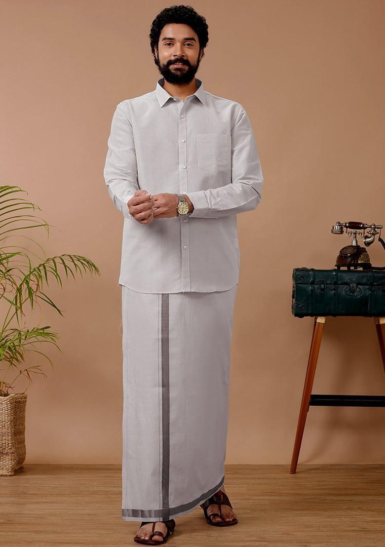 White Cotton Blend Dhoti And Full Sleeves Shirt Set For Men