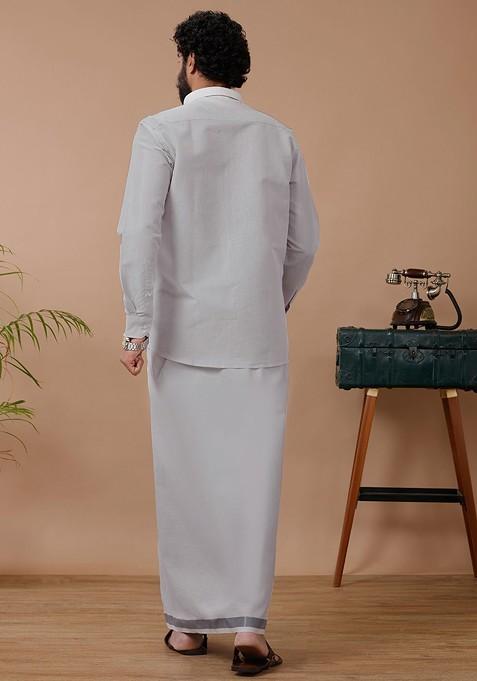 White Cotton Blend Dhoti And Full Sleeves Shirt Set For Men