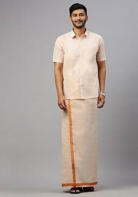 Copper Cotton Blend Half Sleeve Shirt With Matching Single Dhoti Set For Men