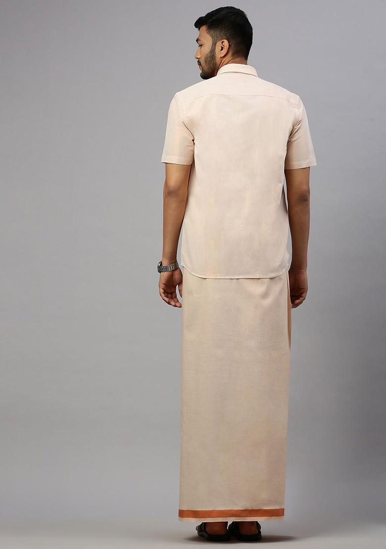 Copper Cotton Blend Half Sleeve Shirt With Matching Single Dhoti Set For Men - Indya
