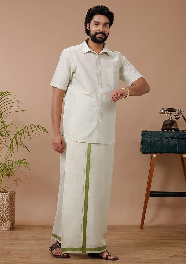 Green Cotton Blend Dhoti And Half Sleeves Shirt Set For Men - Indya
