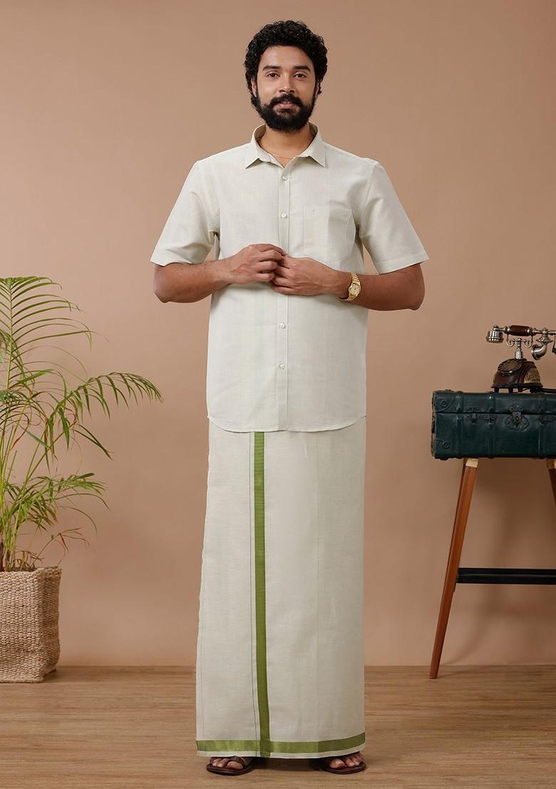 Green Cotton Blend Dhoti And Half Sleeves Shirt Set For Men
