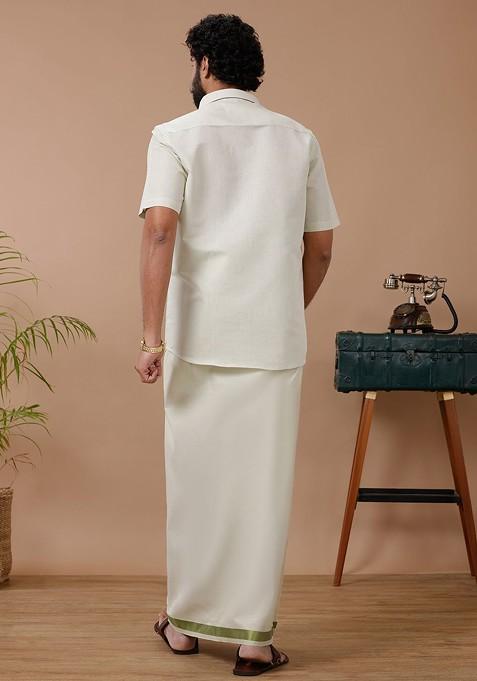 Green Cotton Blend Dhoti And Half Sleeves Shirt Set For Men