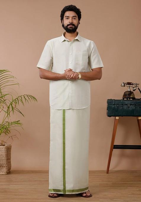 Green Cotton Blend Dhoti And Half Sleeves Shirt Set For Men