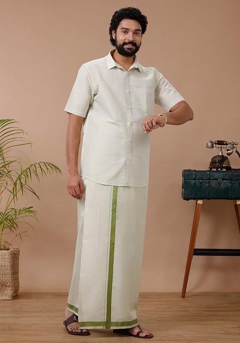 Green Cotton Blend Dhoti And Half Sleeves Shirt Set For Men