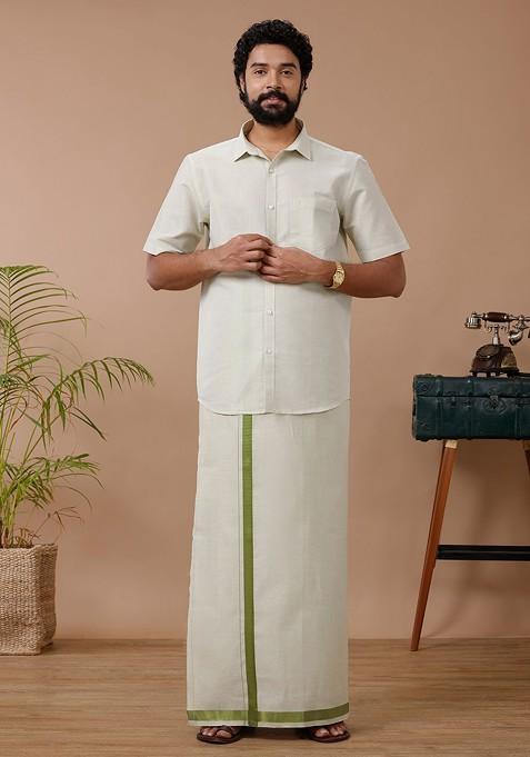 Green Cotton Blend Dhoti And Half Sleeves Shirt Set For Men