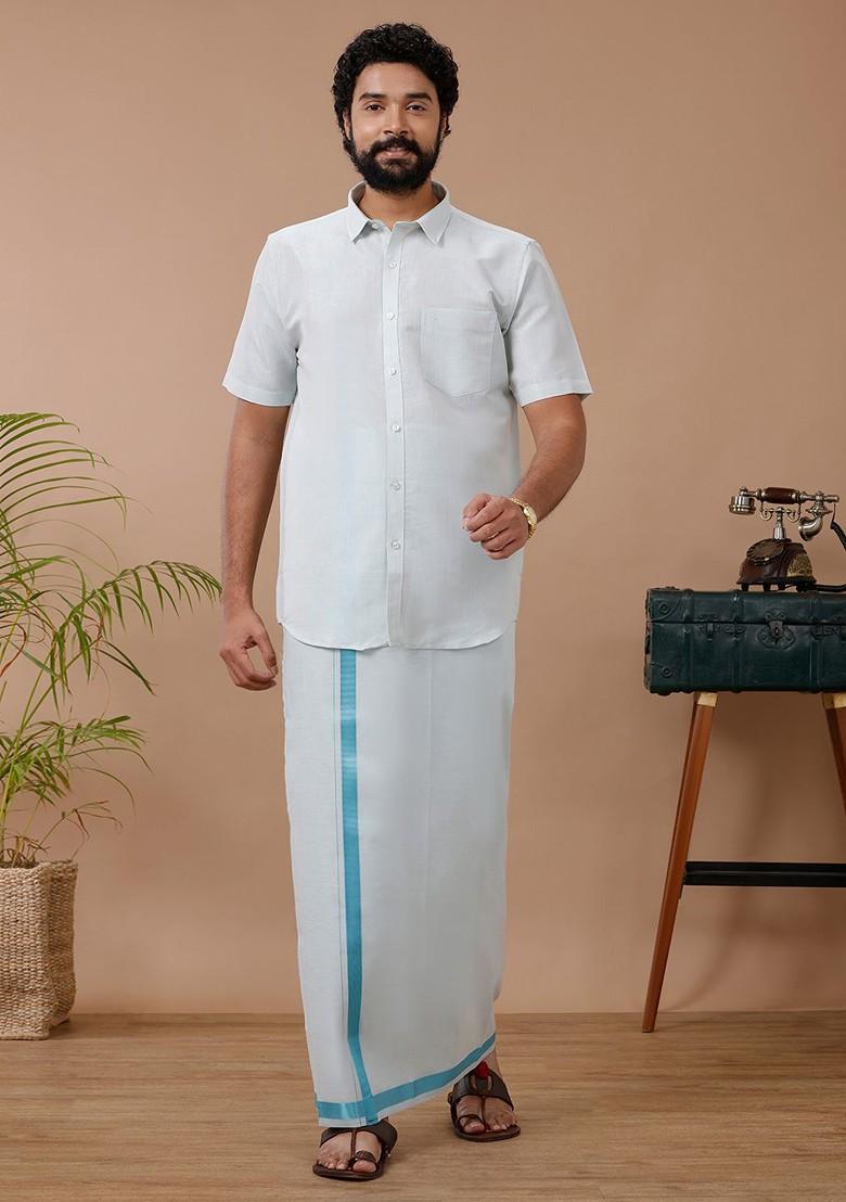 White Cotton Blend Dhoti And Half Sleeves Shirt Set For Men - Indya