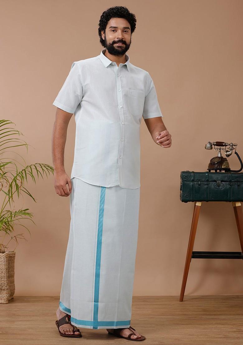 White Cotton Blend Dhoti And Half Sleeves Shirt Set For Men