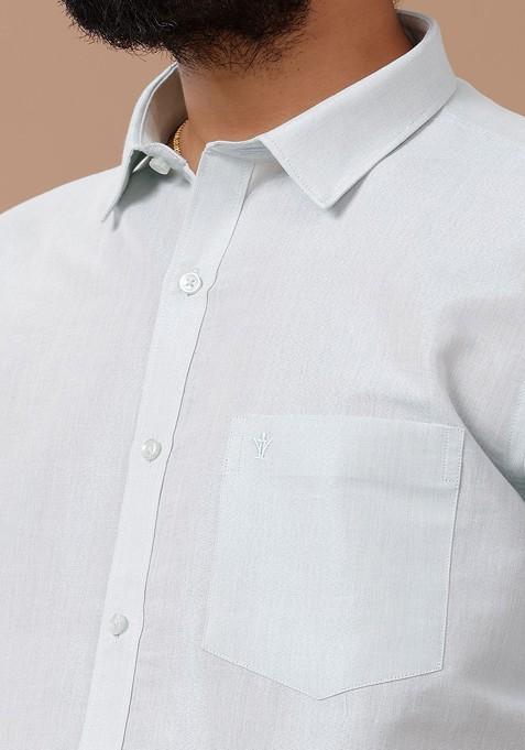 White Cotton Blend Dhoti And Half Sleeves Shirt Set For Men
