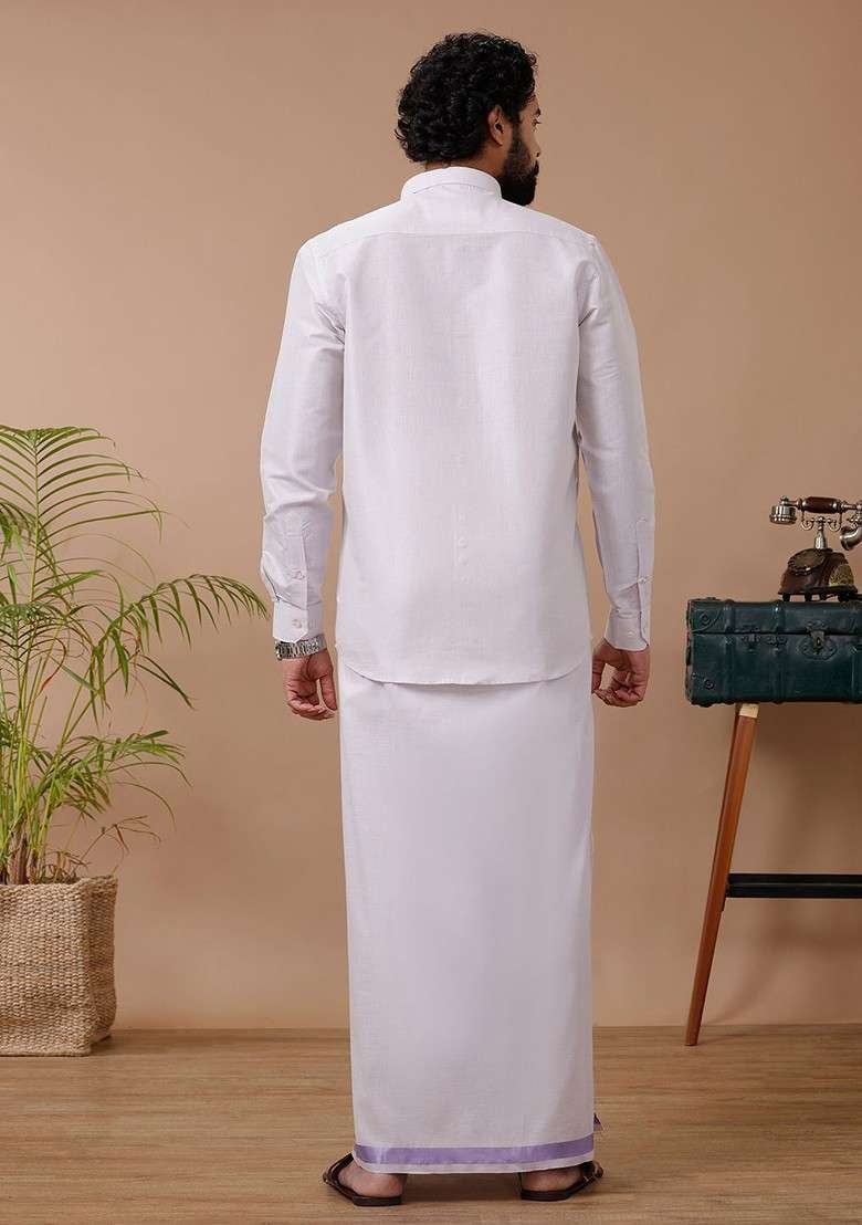 Lavender Cotton Blend Dhoti And Full Sleeves Shirt Set For Men - Indya