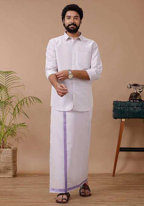 Lavender Cotton Blend Dhoti And Full Sleeves Shirt Set For Men