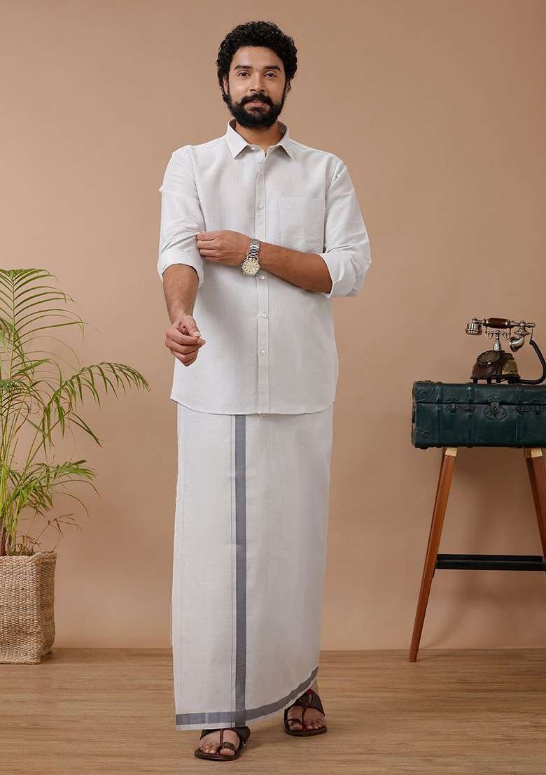 Grey Cotton Blend Dhoti And Full Sleeves Shirt Set For Men - Indya