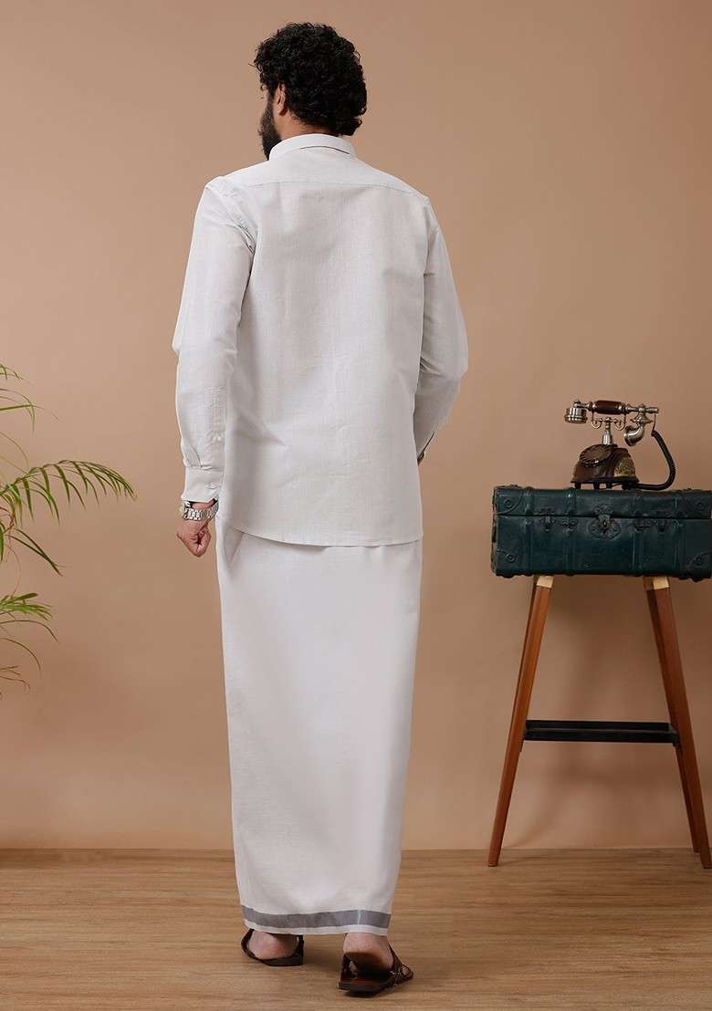 Grey Cotton Blend Dhoti And Full Sleeves Shirt Set For Men - Indya